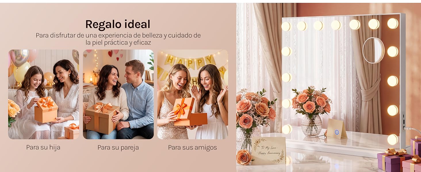 El texto dice «Regalo Ideal» con varios paneles que muestran a mujeres en ambientes informales y un espejo de belleza o tocador con luces. Expositor de sugerencias de productos para regalos.