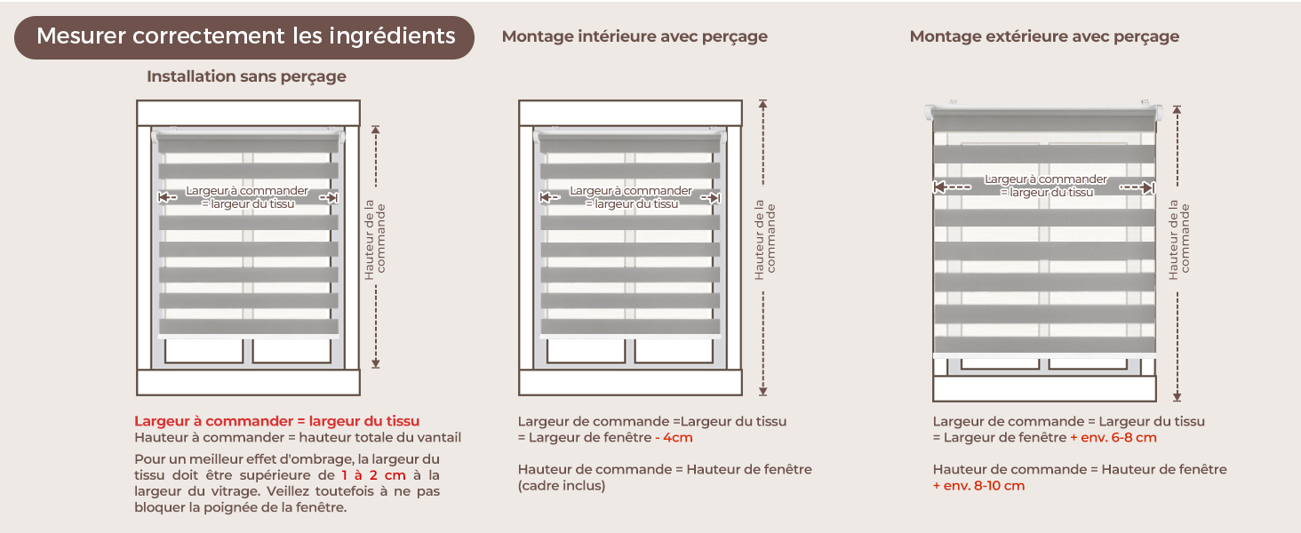 Série de schémas techniques illustrant les différentes options et mesures d'installation des couvre-fenêtres, avec des instructions en français et des indicateurs de mesure rouges.