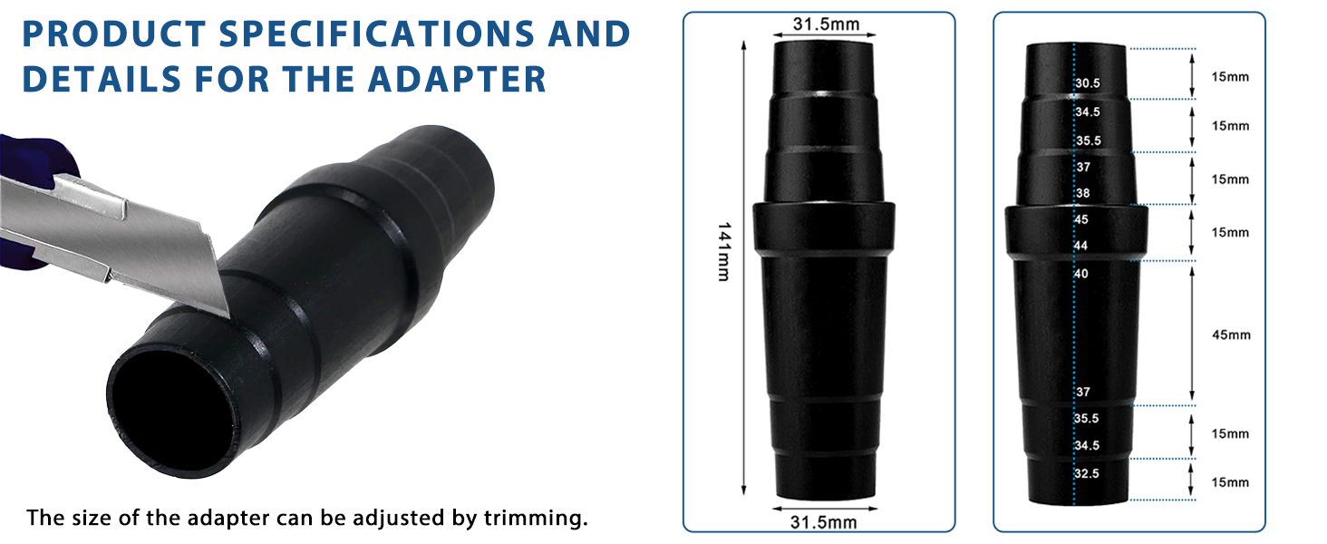 Text reads 'PRODUCT SPECIFICATIONS AND DETAILS FOR THE ADAPTER'. Technical diagram showing multiple views and measurements of an electronic adapter device.
