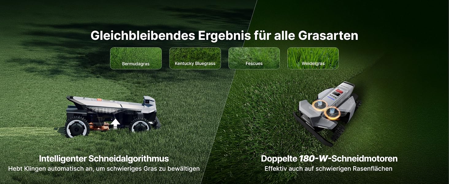 Der Text lautet „Gleichbleibendes Ergebnis für alle Grasarten“. Gegenüberstellung zweier Rasenmähmaschinen auf Gras, um die Schnittleistung zu demonstrieren.