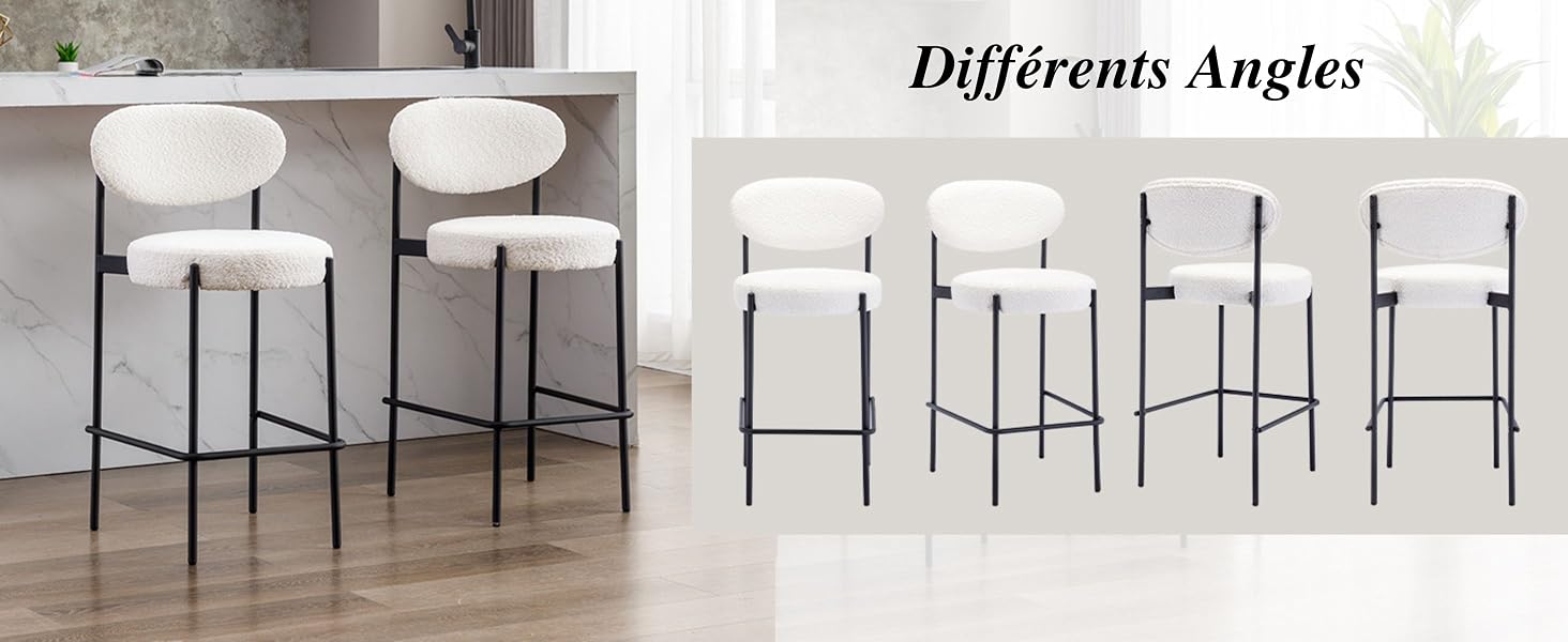 avec sièges et dossiers rembourrés blancs sur des cadres en métal noir. Plusieurs vues montrent différents angles du design épuré et minimaliste.