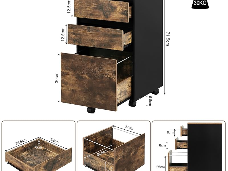 Technical product diagram showing multiple views of a drawer unit with measurements and assembly instructions, featuring rustic brown drawers and black frame.