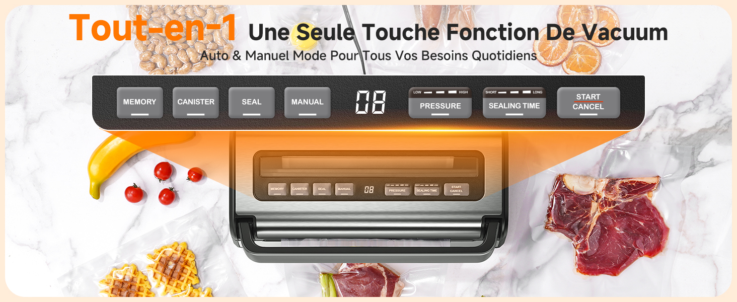Série d'images de produits montrant la préparation de la viande à l'aide d'un dispositif de mise sous vide. Appareil en acier inoxydable présenté avec des produits alimentaires et des matériaux d'emballage à différents stades d'utilisation.