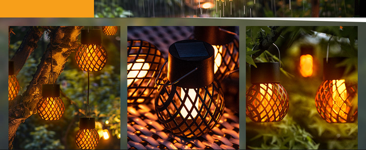con paralumi sferici in bambù o rattan intrecciato, che emettono una calda luce arancione. Diverse luci sono esposte nei giardini, creando un'illuminazione ambientale tra il fogliame.