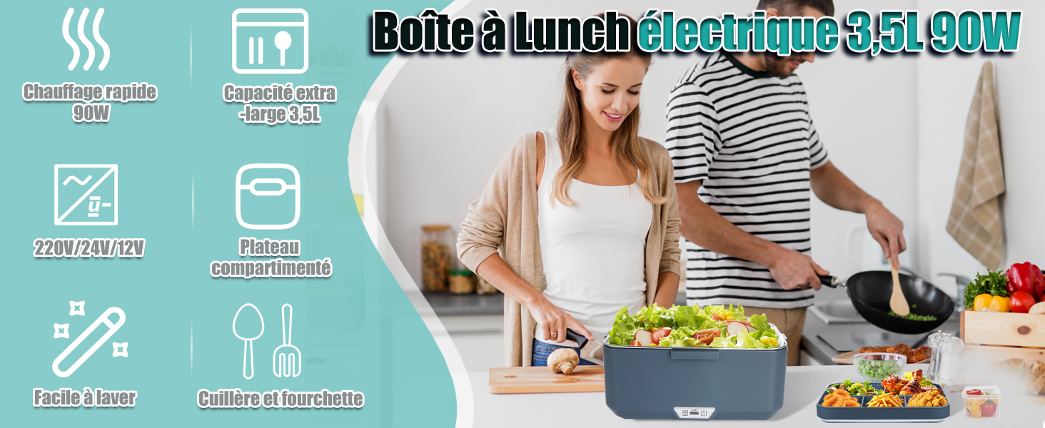 à plusieurs compartiments présentée en cuisine. Les icônes des caractéristiques du produit indiquent la capacité de chauffage et les spécifications du contenant.