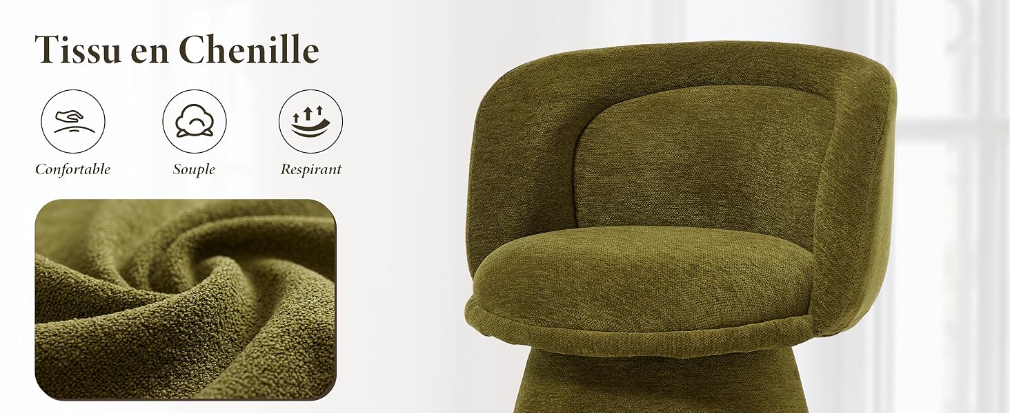 Le texte indique « Tissu en chenille » avec des icônes d'entretien. Fauteuil rembourré vert olive au design incurvé représenté sous deux angles démontrant la texture d'un tissu chenille moelleux.