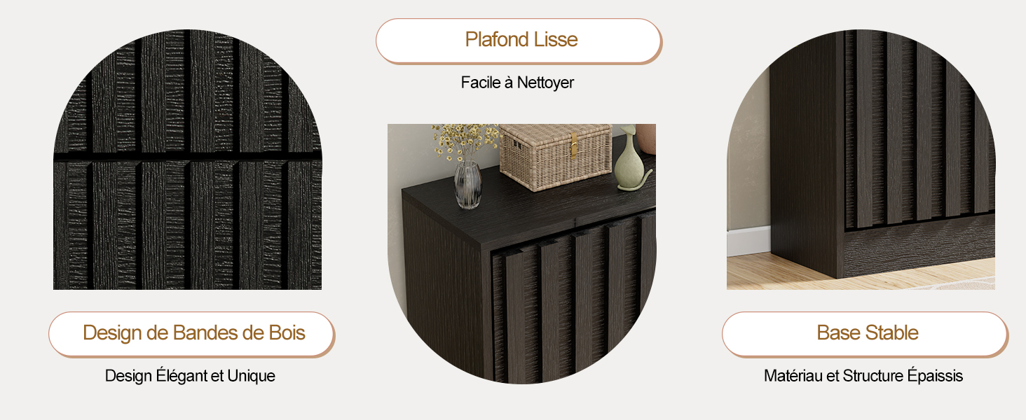 Trois vues d'un couvercle de radiateur ou d'un panneau de chauffage noir, montrant une vue complète de l'avant, des détails rapprochés et un profil latéral. Le produit semble avoir une conception à lamelles verticales.