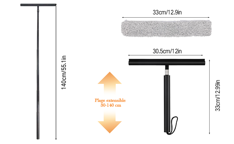 Con una raffinata struttura in metallo nero. Presenta un'altezza estensibile (80-140 cm) e una barra luminosa orizzontale larga 30,5 cm. Include le dimensioni dei componenti della lampada.