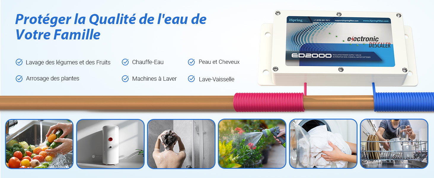 Le texte se lit comme suit : « Protéger la Qualité de l'eau de Votre Famille ». Interface du site Web présentant six panneaux avec des images liées à la qualité de l'eau et à l'utilisation domestique, y compris les légumes, les robinets, les appareils de lavage et les appareils de plomberie.