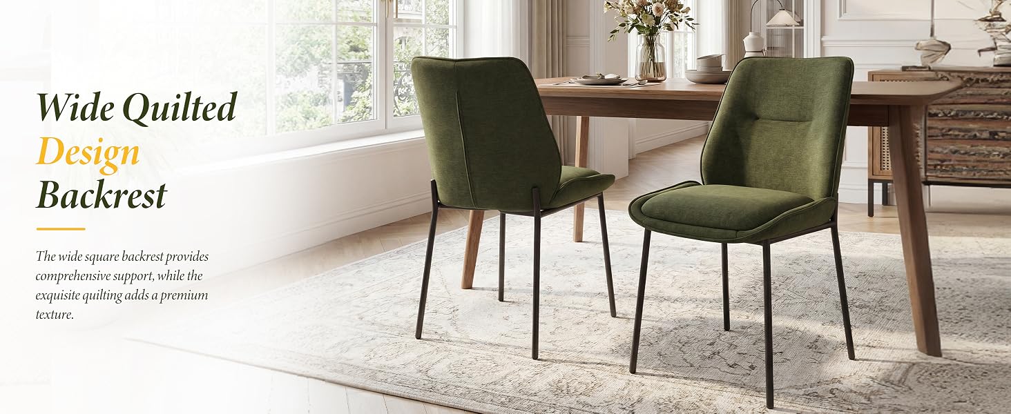 Text reads 'Wide Quilted', 'Design Tailored'. Two modern upholstered dining chairs in olive green fabric with metal legs positioned in contemporary home interior setting.