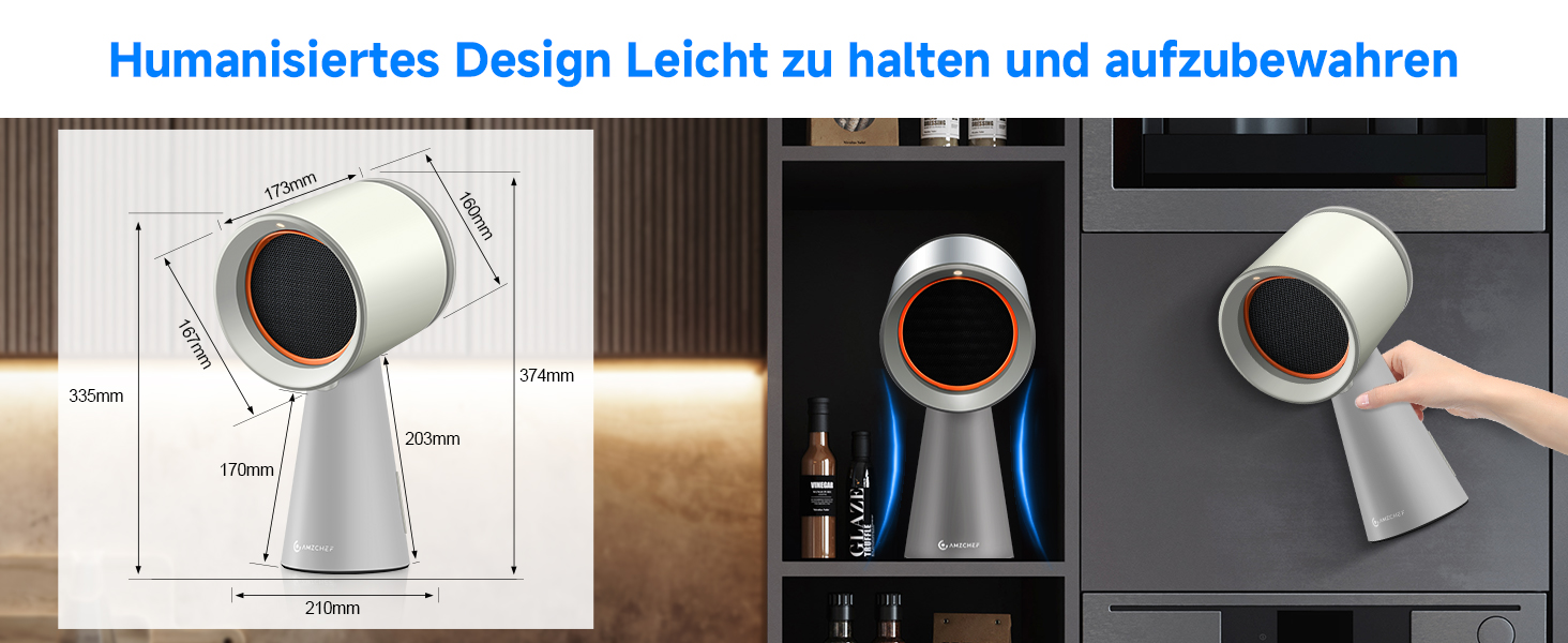 Der Text lautet: „Humanisiertes Design Leicht zu halten und aufzubewahren“. Drei Panels zeigen, wie ein weißes Gerät in der Hand gehalten und verstaut wird.
