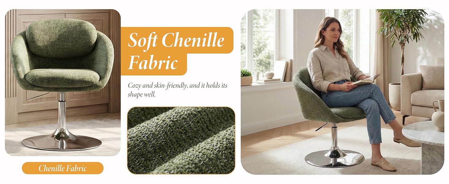 Text reads 'Soft Chenille' and 'Fabric'. Multiple views of an olive green upholstered swivel chair with curved design, shown with close-up of soft chenille fabric texture.
