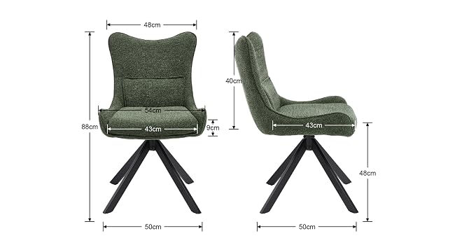 Technical drawings showing dimensions and angles of a modern lounge chair design in olive green, with detailed measurements from multiple viewing angles.