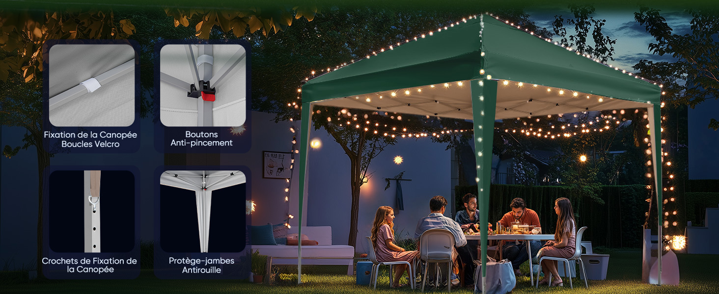 Scène de soirée en plein air avec des guirlandes lumineuses créant une ambiance. Panneaux multiples montrant un jardin ou une terrasse illuminés avec éclairage décoratif.