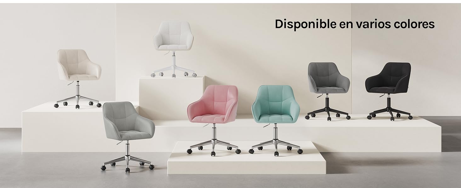 El texto dice «Disponible en varios colores». Se muestran varias sillas de oficina tapizadas en varios colores: blanco, beige, gris, rosa, verde azulado, verde, negro, dispuestas en filas sobre un fondo blanco.