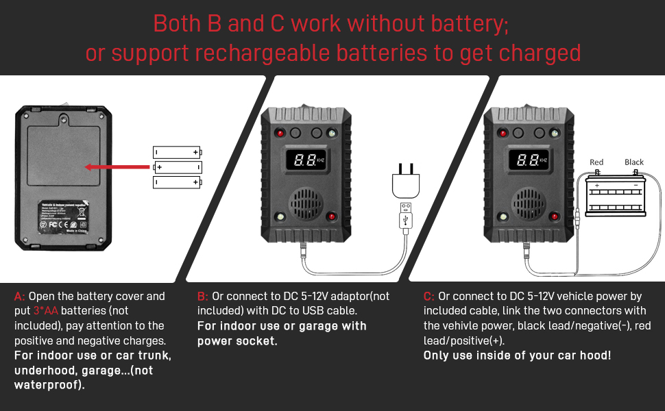 Schéma technique montrant la batterie et les instructions de charge pour les appareils électroniques, avec trois panneaux illustrant les différentes méthodes de connexion à l'alimentation