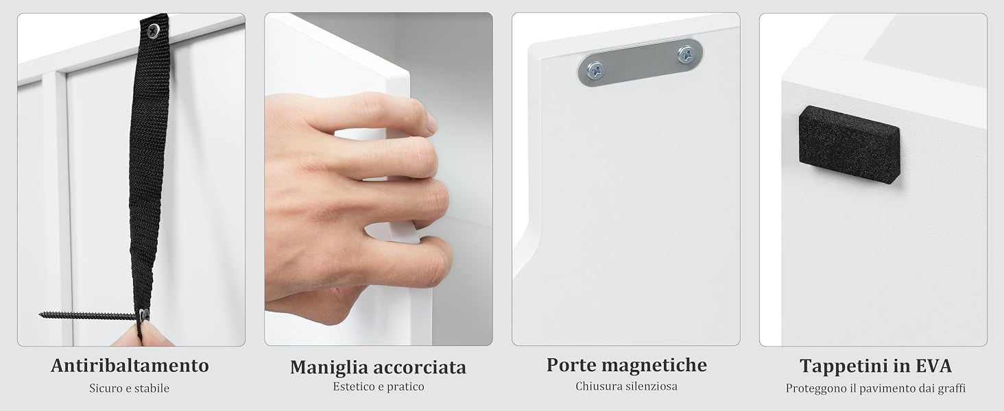 Illustrazione del prodotto a quattro pannelli che mostra i componenti di installazione.