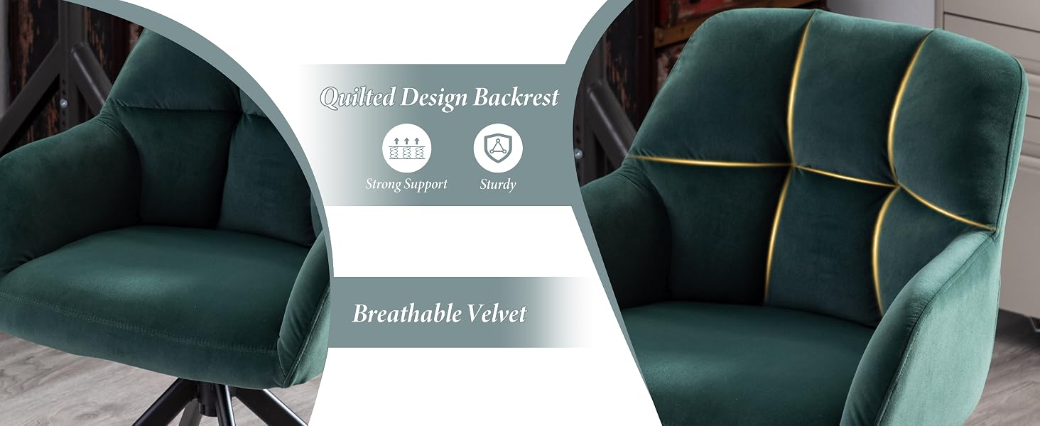 Modern emerald green velvet chair with tufted backrest design and gold accent piping shown from two angles.