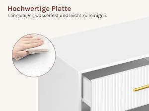 Weiße Oberfläche mit einer Hand, die eine glatte Textur zeigt. Der Text weist darauf hin, dass es wasserfest, leicht zu reinigen und langlebig