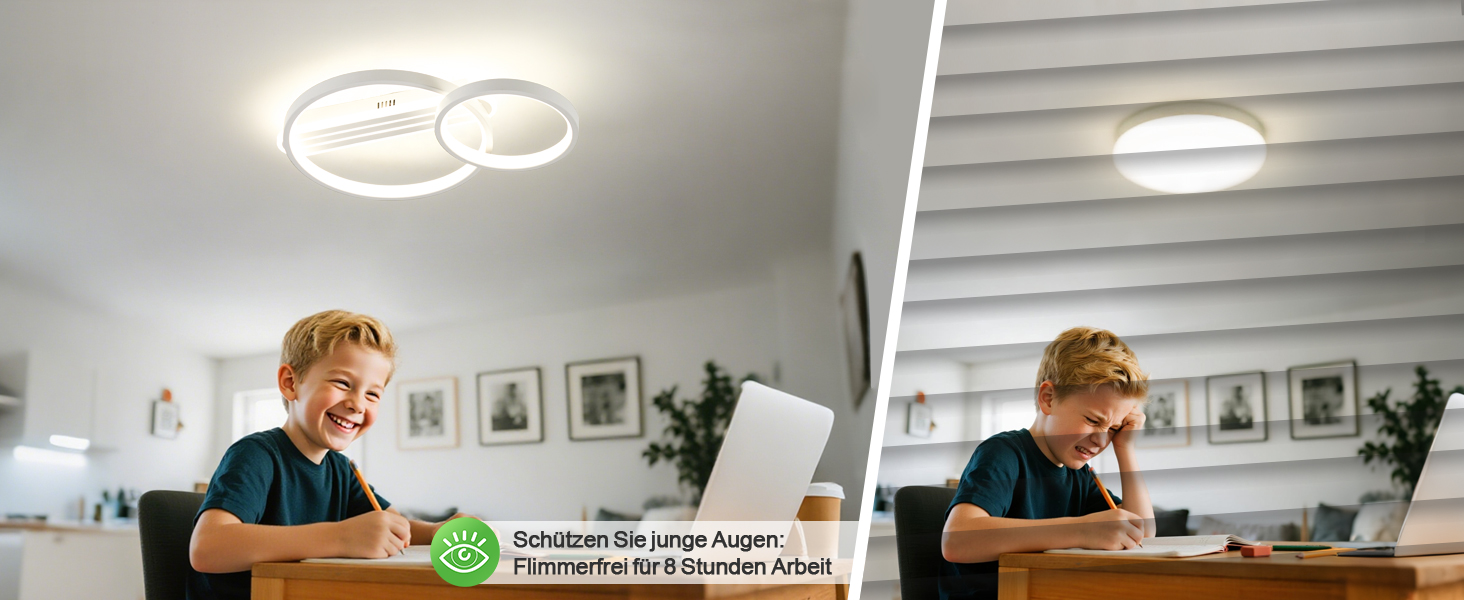 Geteilte Ansicht, die jemanden zeigt, der am Schreibtisch mit moderner kreisförmiger LED-Deckenleuchte und gerahmten Kunstwerken an den Wänden arbeitet.