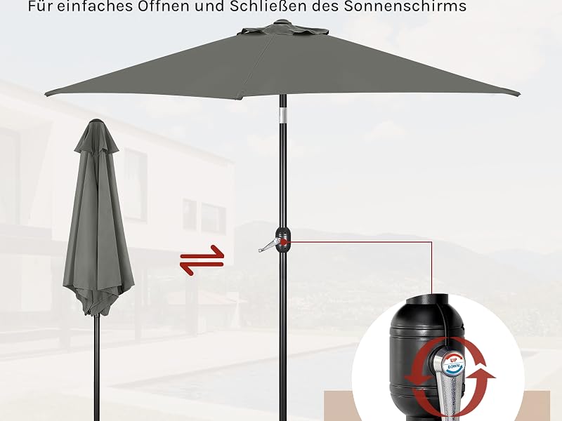 Der Text lautet „Kurbelsystem“ und „Für einfaches Öffnen und Schließen des Sonnenschirms“. Technisches Diagramm, das den Öffnungsmechanismus des Schirms mit Pfeilen zeigt, die Bewegung anzeigen.
