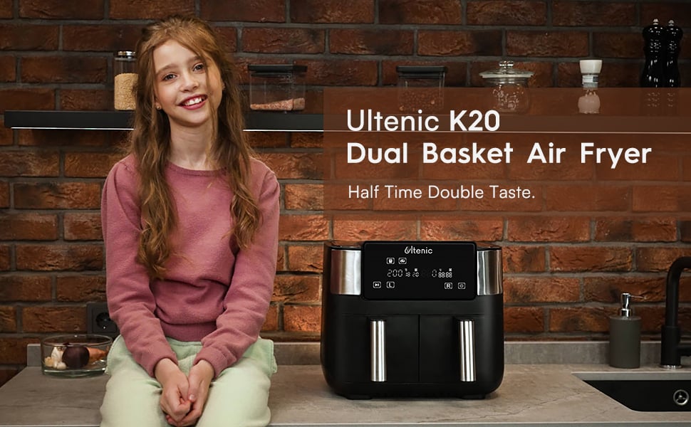 Ultenic K20 Dual Basket Air Fryer, 8L Capacity, Dual Independent Cooking  Zone, 100 Online Recipes, Digital Display 