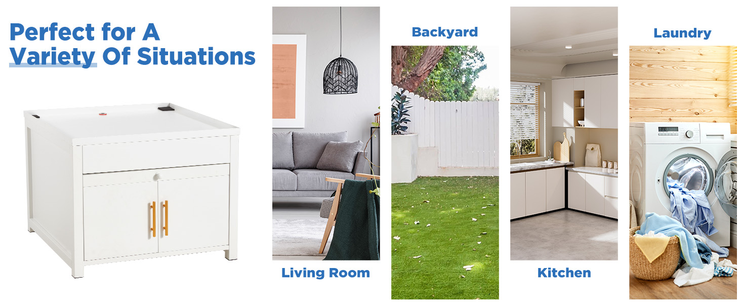 Text reads: 'Perfect for A Variety Of Situations'. Grid of images showing various indoor and outdoor spaces including bedroom, bathroom, backyard, and laundry areas.