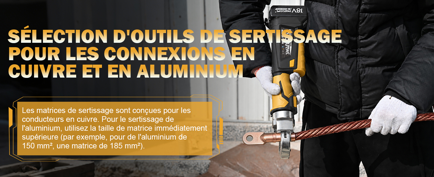 Le texte indique « SÉLECTION D'OUTILS DE SERVISAGE POUR LES CONNEXIONS EN CUIVRE ET EN ALUMINIUM » avec des spécifications techniques en français.
[SENTENCE 13] Gros plan montrant des outils manuels spécialisés et des composants de connexion dotés d'indicateurs de sécurité jaunes.