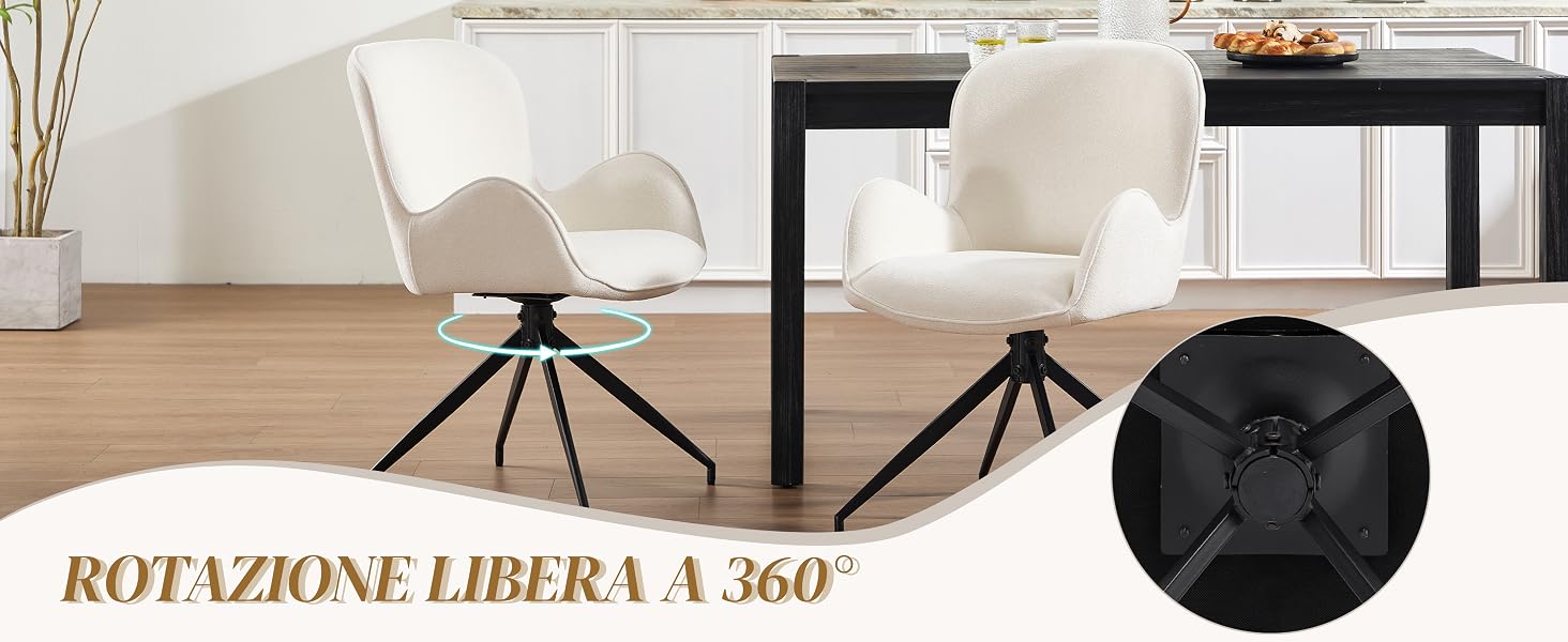 Il testo recita «ROTAZIONE LIBERA A 360°». Moderna sala da pranzo con sedie bianche e dimostrazione della funzione di rotazione a 360 gradi mostrata con un diagramma circolare.