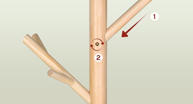 Taco o varilla de madera con dos puntos de conexión numerados marcados con flechas (1 y 2) que muestran el mecanismo de ensamblaje o unión.