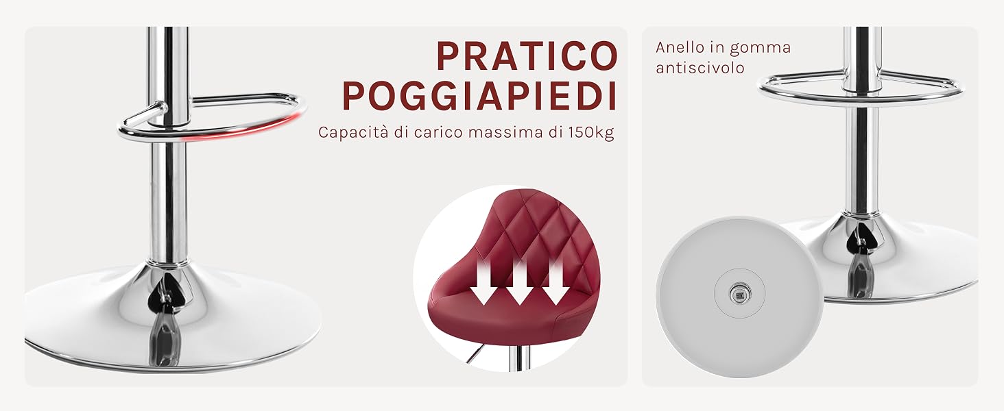 Poggiapiedi circolare in metallo per sgabelli da bar. Finitura cromata con anello decorativo rosso. Il diagramma mostra le frecce rivolte verso il basso sul sedile imbottito rosso,