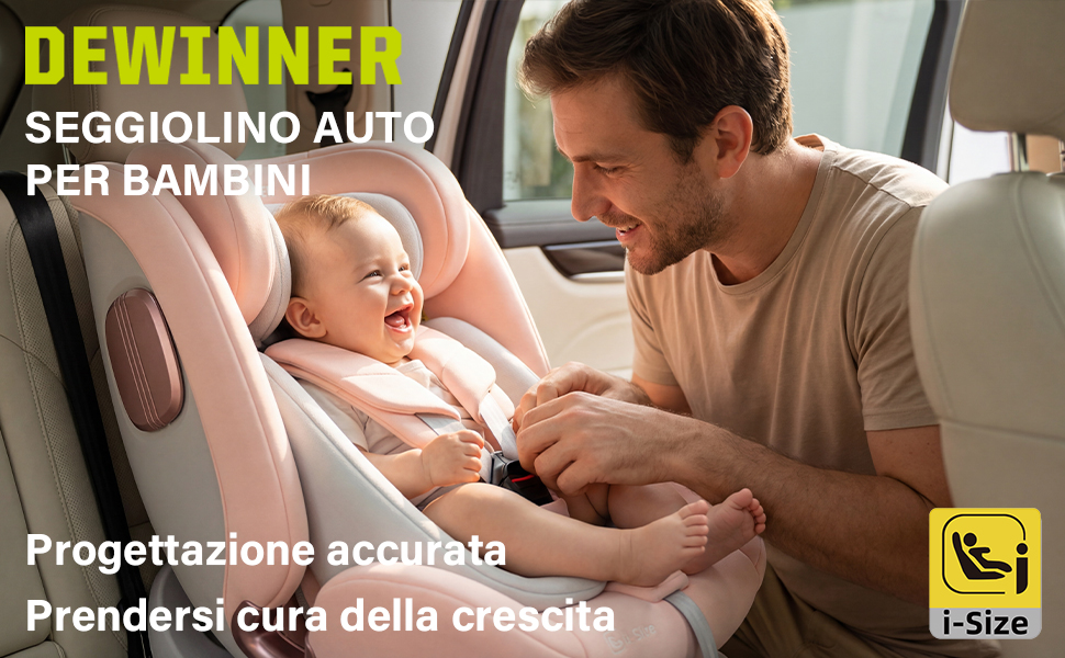 Il testo recita «DEWINNER SEGGIOLINO AUTO PER BAMBINI», «Progettazione accurata», «Prendersi cura della crescita», «i-Size». Dimostrazione del prodotto per seggiolini auto che mostra le caratteristiche di sicurezza.