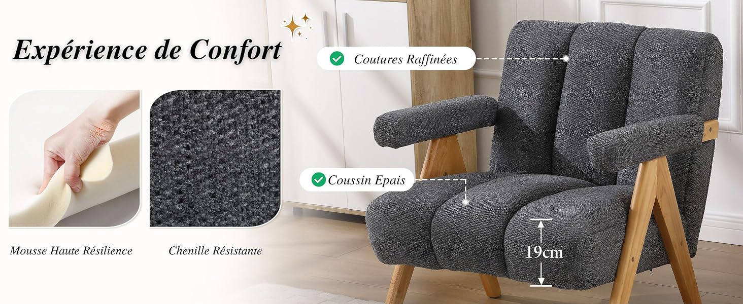Le texte se lit comme suit : « Expérience de Confort ». Démonstration du produit montrant un tissu texturé gris et un gros plan des détails de texture du fauteuil.