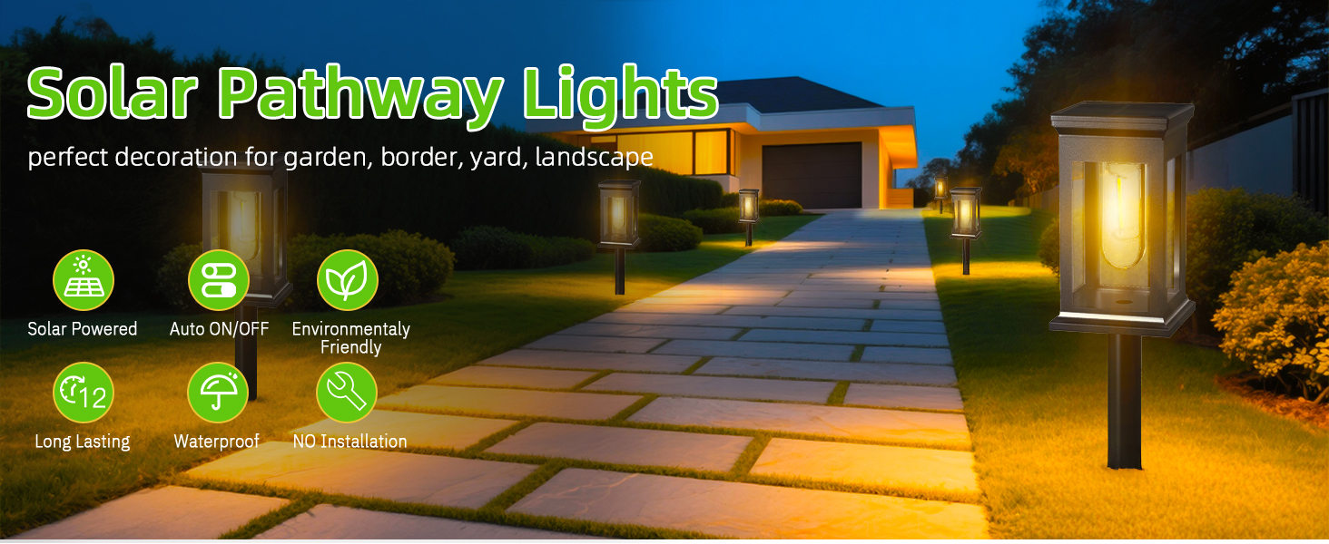 Text reads 'Solar Pathway Lights'. Illuminated pathway lights in garden setting at dusk, showing warm yellow lighting along walkway.