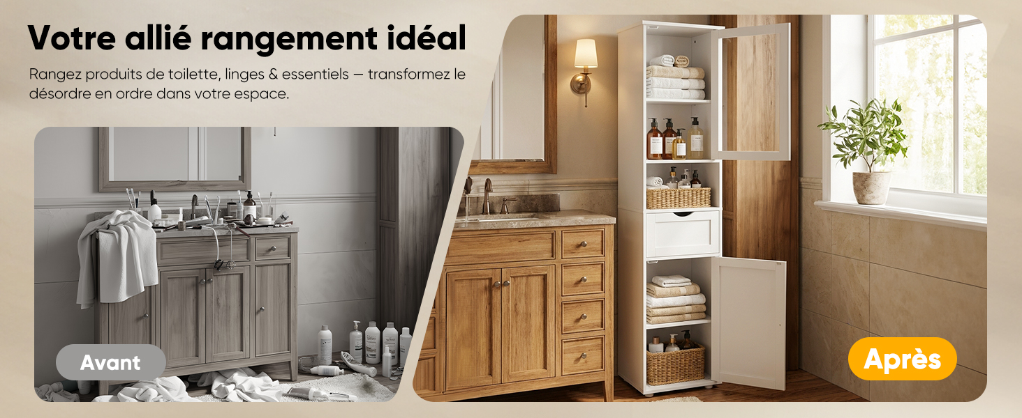 Le texte se lit comme suit : « Votre allié rangement idéal ». Image divisée montrant une comparaison avant/après de l'organisation des solutions de rangement de cuisine, avec les étiquettes « Avant » et « Après ».