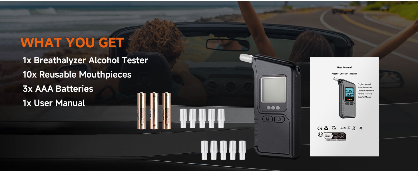 Text reads 'WHAT YOU GET'. Product package contents display showing electronic components, batteries, and instruction manual laid out systematically.