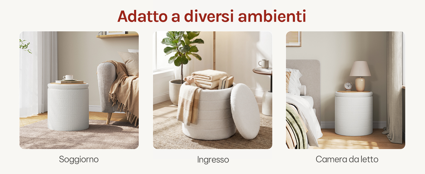 Il testo recita «Adatto a diversi ambienti» con tre visualizzazioni di prodotto denominate «Soggiorno», «Ingresso» e «Camera da letto». Contenitori cilindrici bianchi esposti in soggiorno, ingresso e camera da letto.