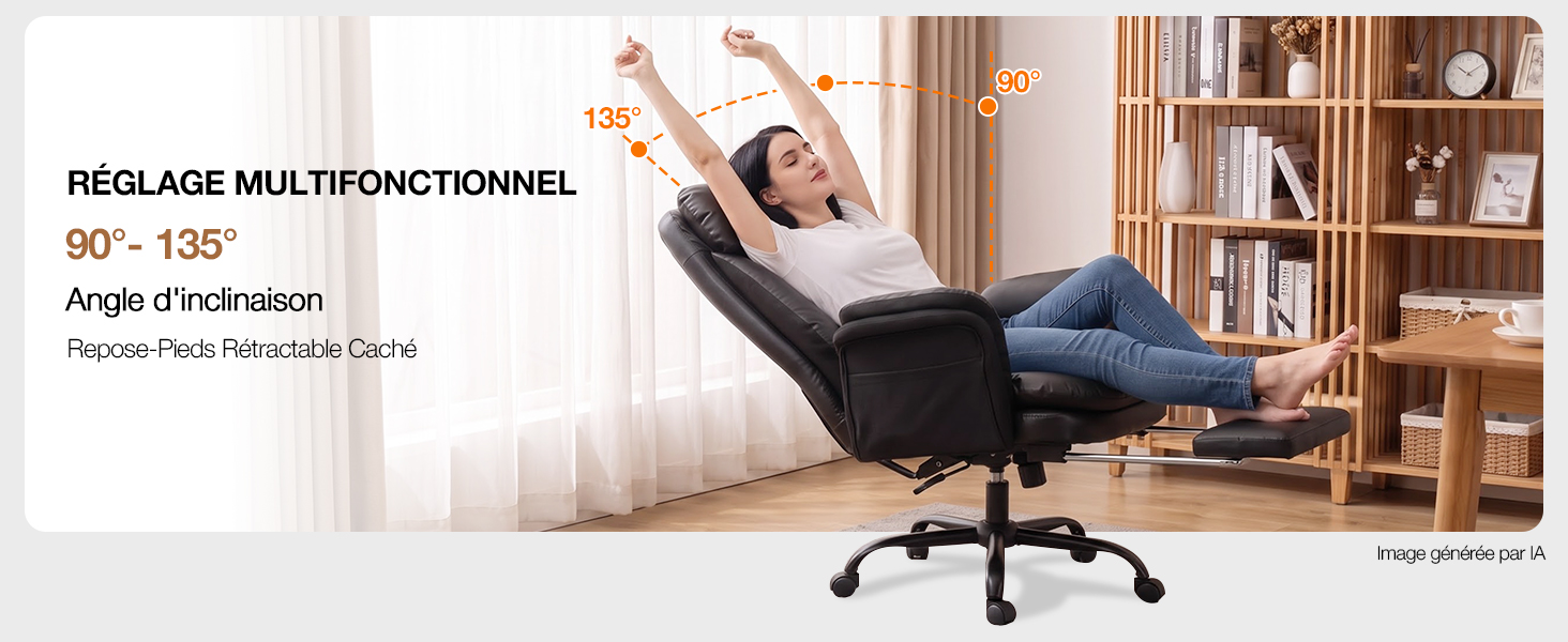 Le texte indique « RÉGLAGE MULTIFONCTIONNEL » et « Angle d'inclinaison réglable jusqu'à 180° ». Chaise de bureau noire inclinée pour femme avec dossier et accoudoirs réglables dans un cadre de bureau à domicile moderne avec étagères.