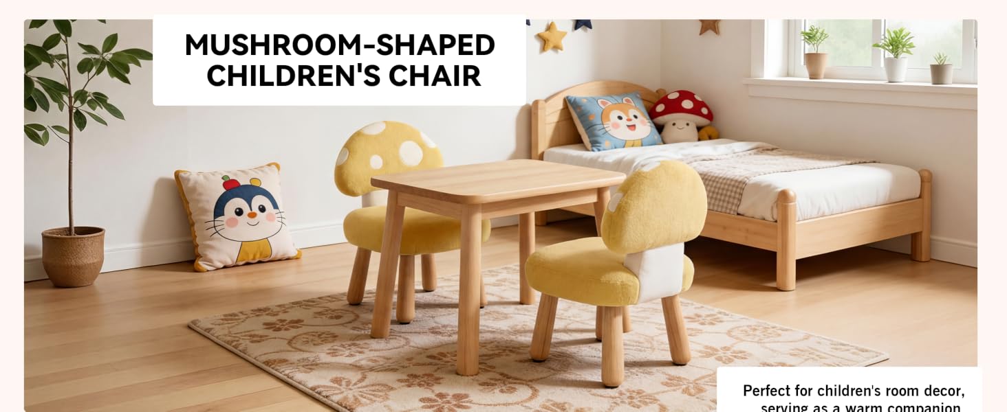 Text reads 'CHILDREN'S CHAIR'. Multiple product images showing a small wooden chair with rounded mushroom-shaped design in yellow color, displayed in various room settings with children's furniture.