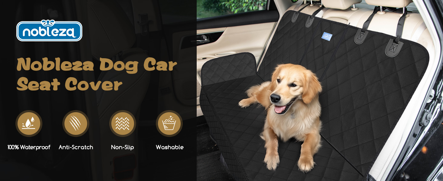 Nobleza dog car seat cover, black waterproof fabric with anchors, protecting vehicle backseat. Golden retriever sitting on the cover, demonstrating its use and fit.