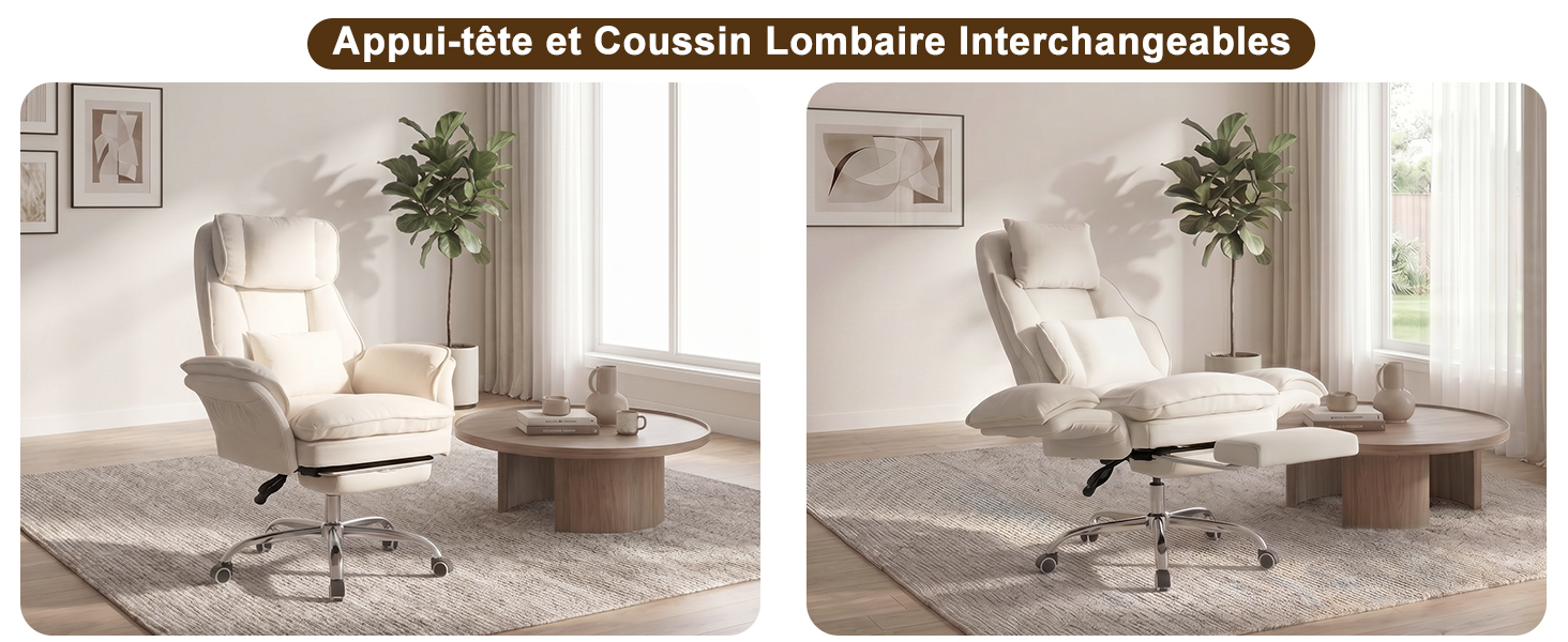 Le texte indique « Chaise de bureau de style appartement avec fonction de bascule ». Deux décors intérieurs illustrés par des chaises de bureau modernes blanches et grises.