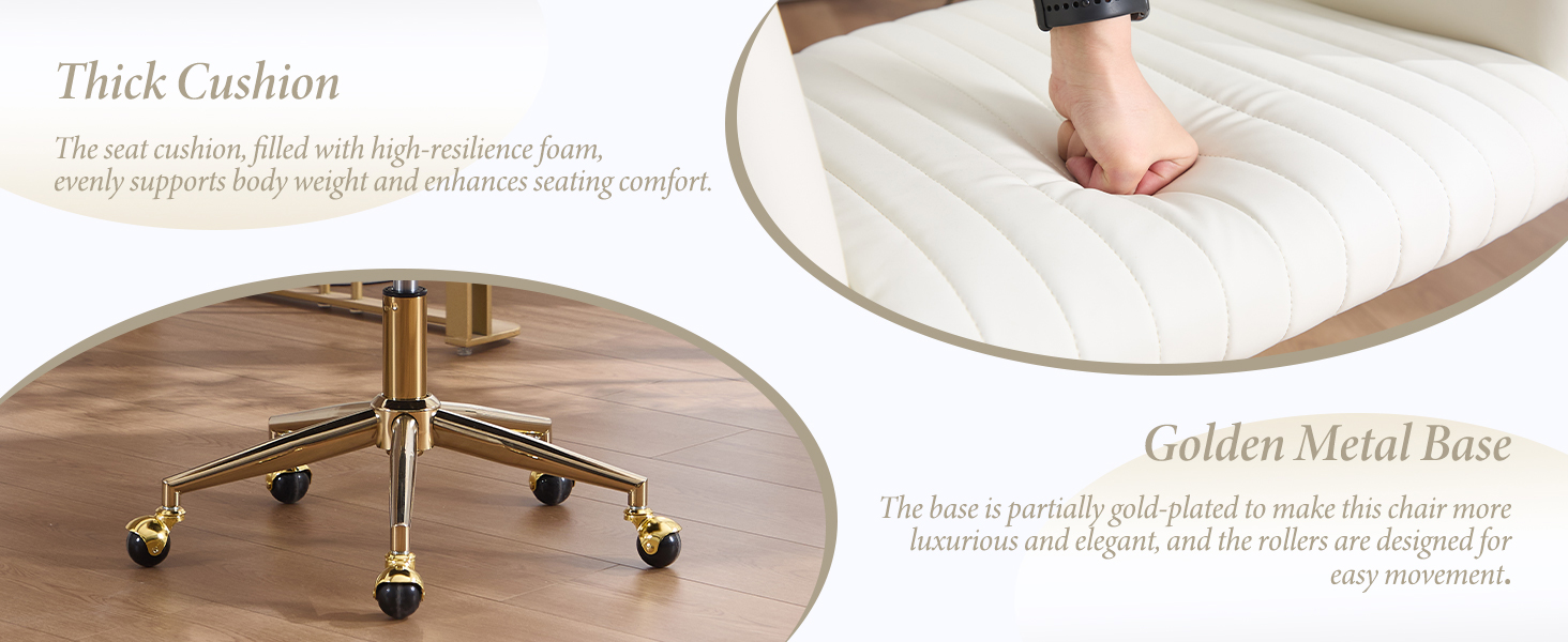 Text reads 'Thick Cushion' and 'Golden Metal Base'. Multiple detailed views of an office chair component, focusing on cushioning and base features.