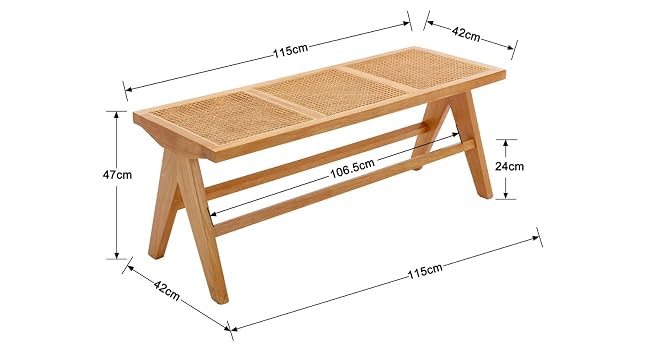 Wooden bench with rattan seat. Features A-frame legs, three-panel top. Dimensions: 115cm length, 43cm width, 47cm height. Natural wood finish.