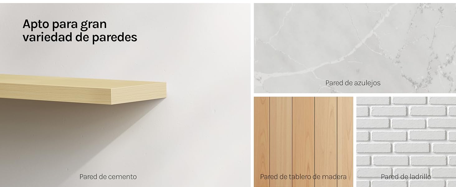 El texto dice «Apto para gran variedad de paredes». Maqueta de diseño de interiores que muestra paneles de madera y texturas de paredes de ladrillo blanco.