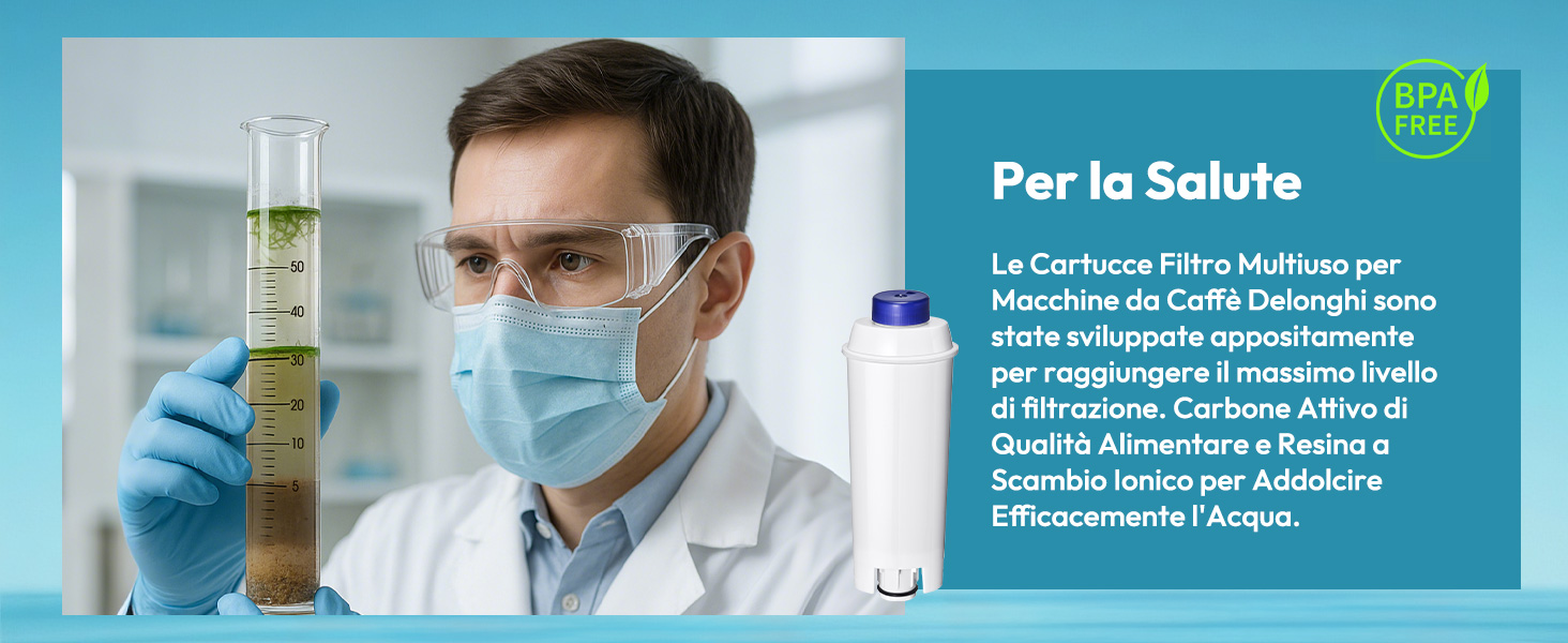 Il testo recita «Per la Salute» su sfondo blu. Ambiente di laboratorio che mostra uno scienziato in maschera protettiva e occhiali protettivi che esamina un liquido trasparente in vetreria scientifica.