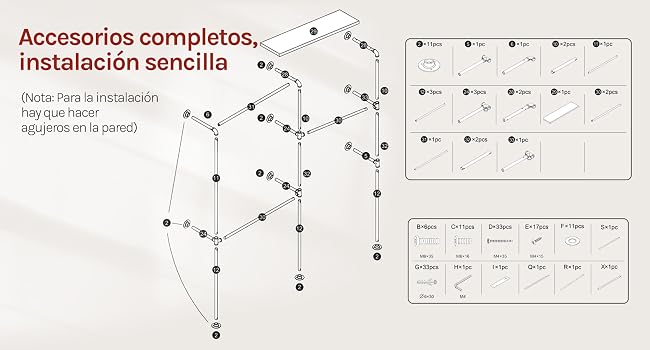 Diagrama en blanco y negro que muestra puntos de conexión con números y medidas, parece ser una guía de instalación de accesorios