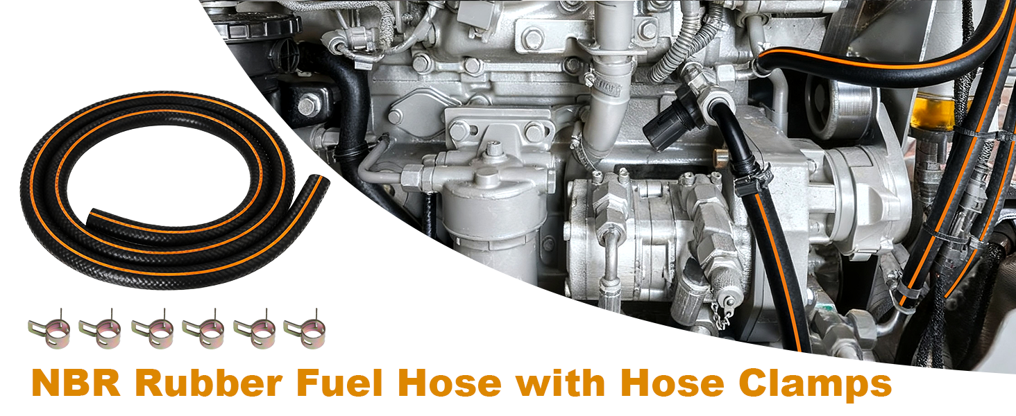 Text reads 'NBR Rubber Fuel Hose with Hose Clamps'. Product shows black rubber hose segments with metal clamp attachments in multiple views.