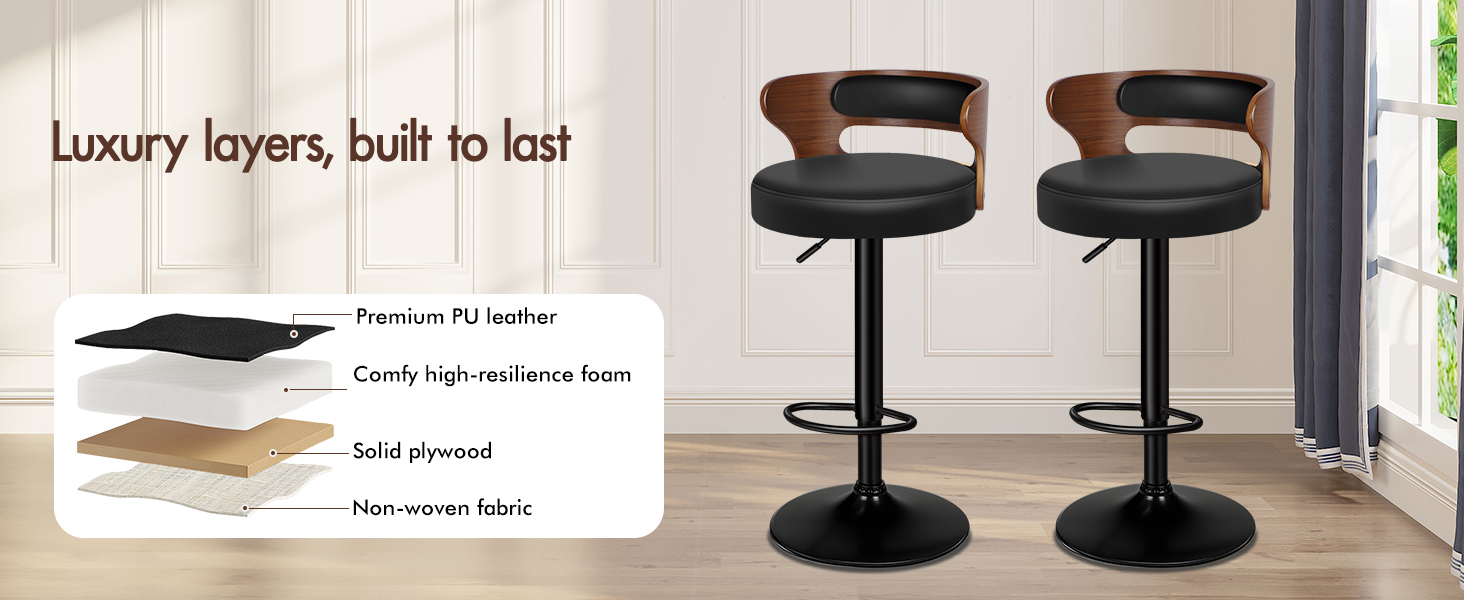 Text reads 'Luxury layers, built to last'. Product display showing stacked layers of what appears to be furniture or home decor materials.