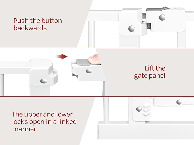 Text includes 'Push the button backwards', 'Lift the gate panel', 'The upper and lower locks open in a linked manner'. Technical instruction diagram with arrows indicating movement directions.