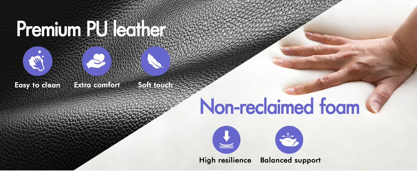 Text reads 'Premium PU leather', 'Easy to clean', 'Extra comfort', 'Non-reclaimed foam', 'High resilience', 'Advanced support'. Material close-up showing textured faux leather surface with hand demonstrating product, highlighting durability and comfort features.